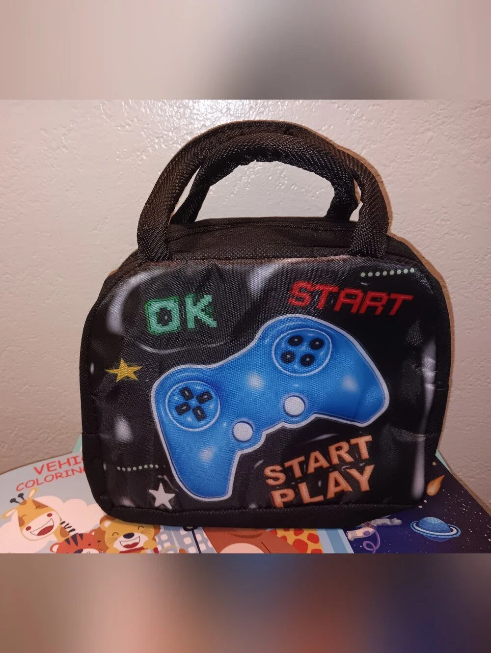 Black Gaming Controller Lunch Tote with Blue Controller Graphic